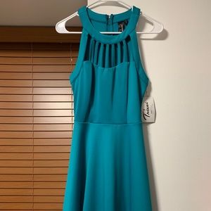 Teal Halter Cutout Neck Fit and Flare Dress